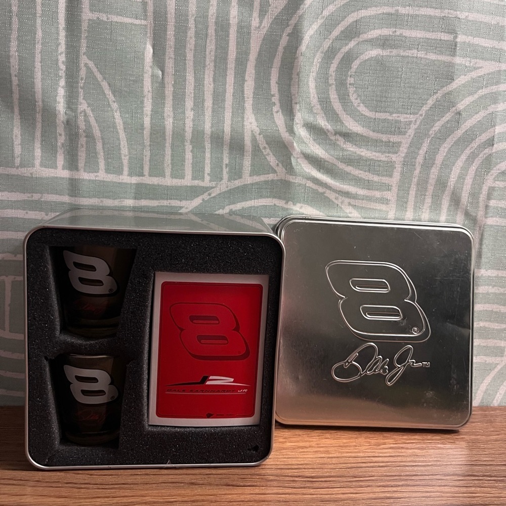 Dale Earnhardt Jr #8 Collectible Gift Set | Shot Glasses + Playing Cards Tin